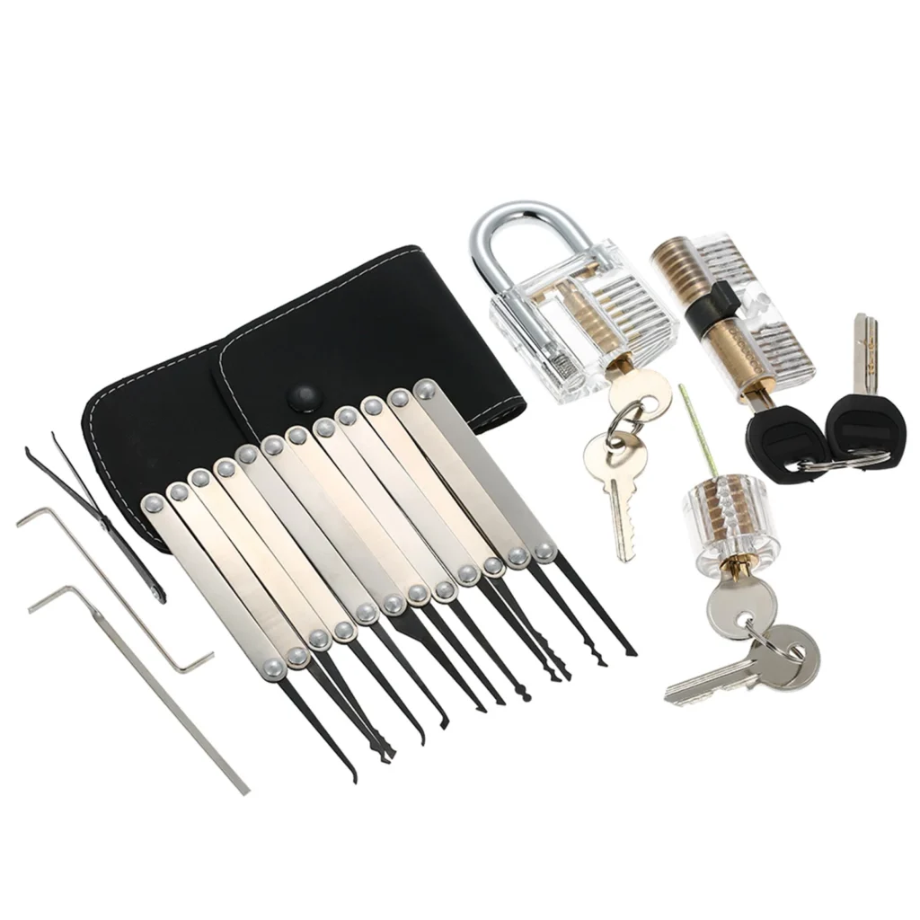 lock picking kit with three clear clocks