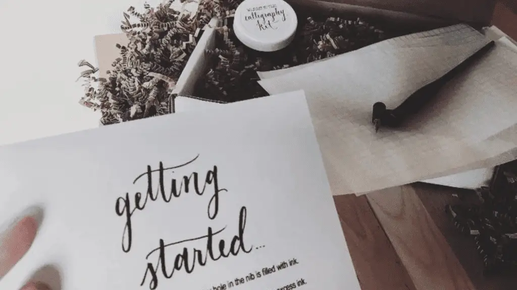 calligraphy diy kit with a card written in calligraphy saying "getting started"