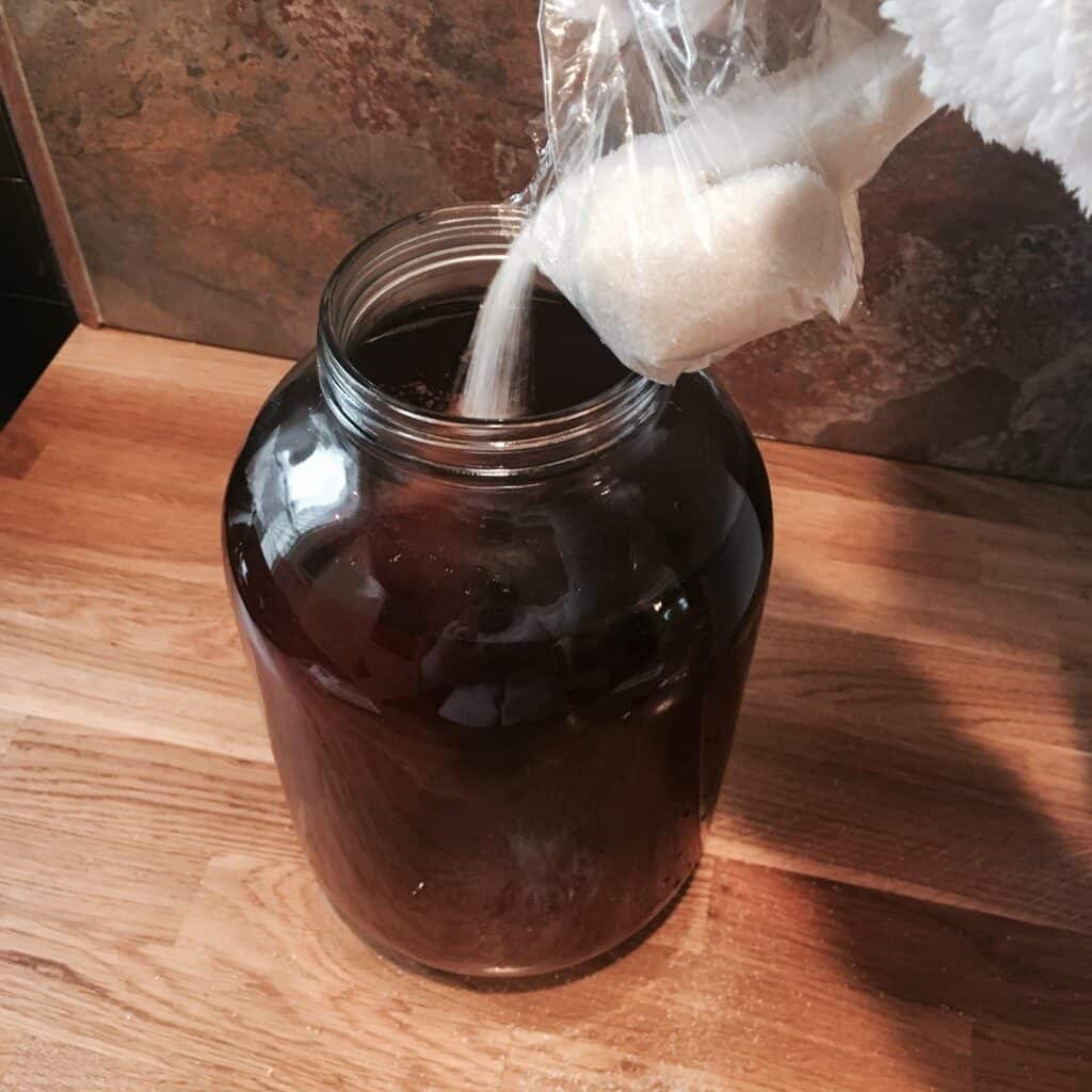 pouring sugar into one gallon of tea in order to make sweet tea for kombucha